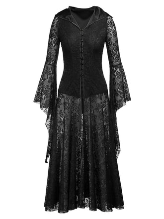 Schwarz Gothic 1980er V-Ausschnitt Blumen Spitze Kapuze Hexen Vampir Kleid
