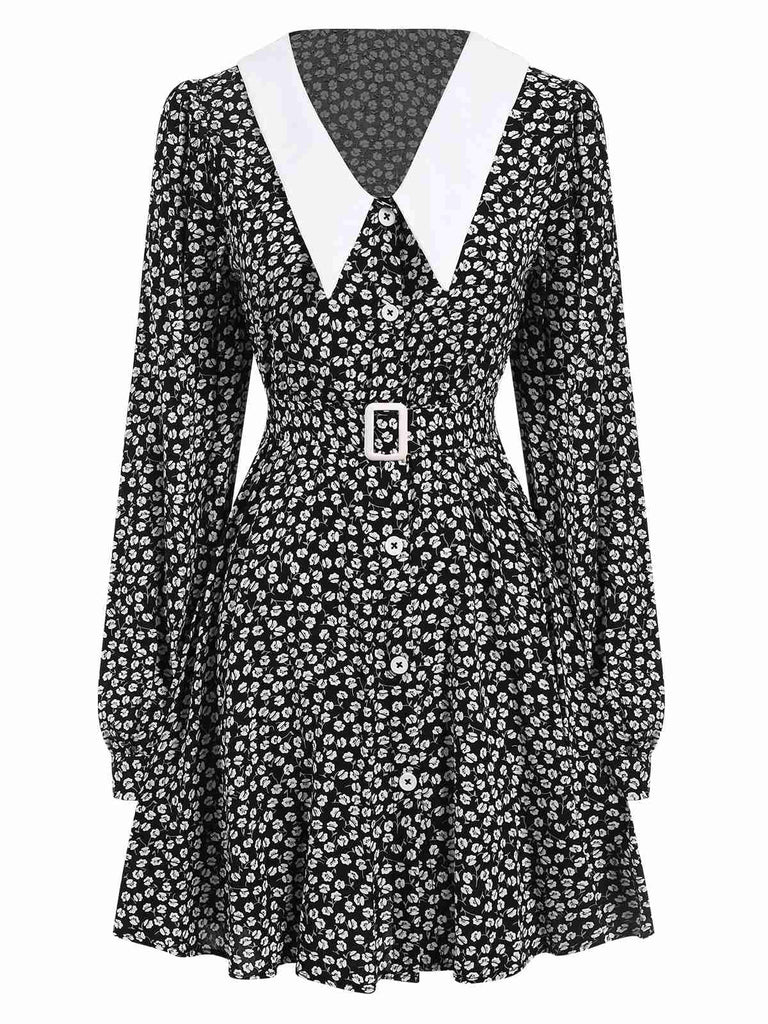 Schwarz 1950er Revers Laternenärmel Blumen Kleid