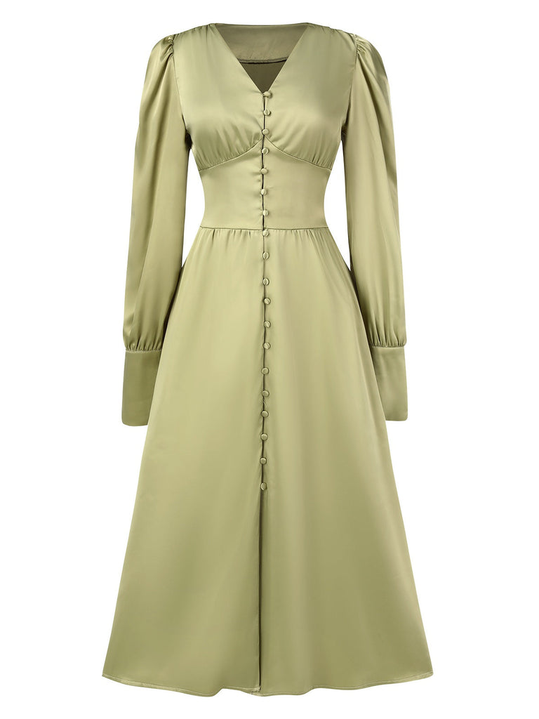 1940er Solide V-Ausschnitt Kunstsatin Geknöpft Kleid