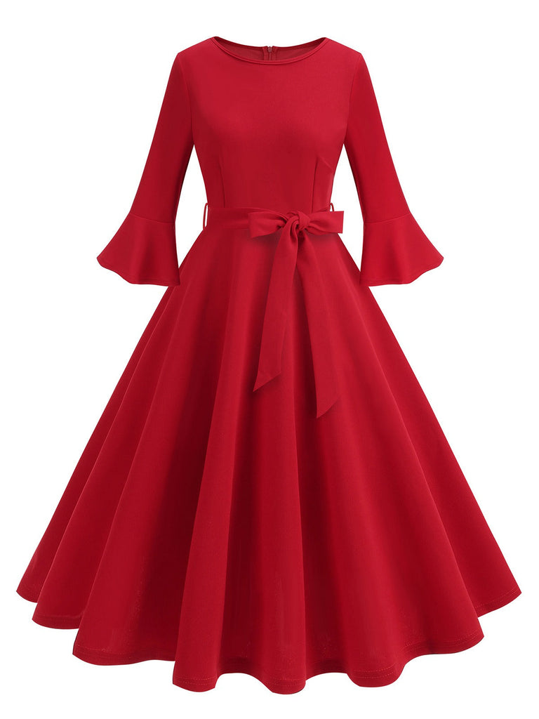 1950er Solide Glockenärmel Swing Kleid