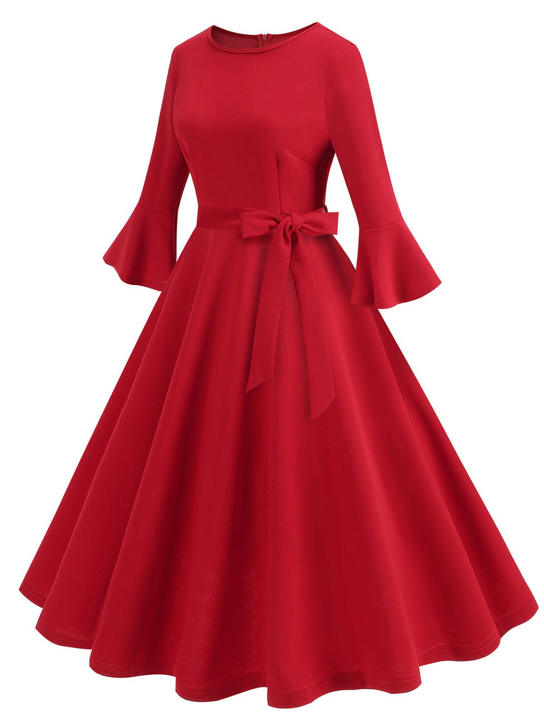 1950er Solide Glockenärmel Swing Kleid