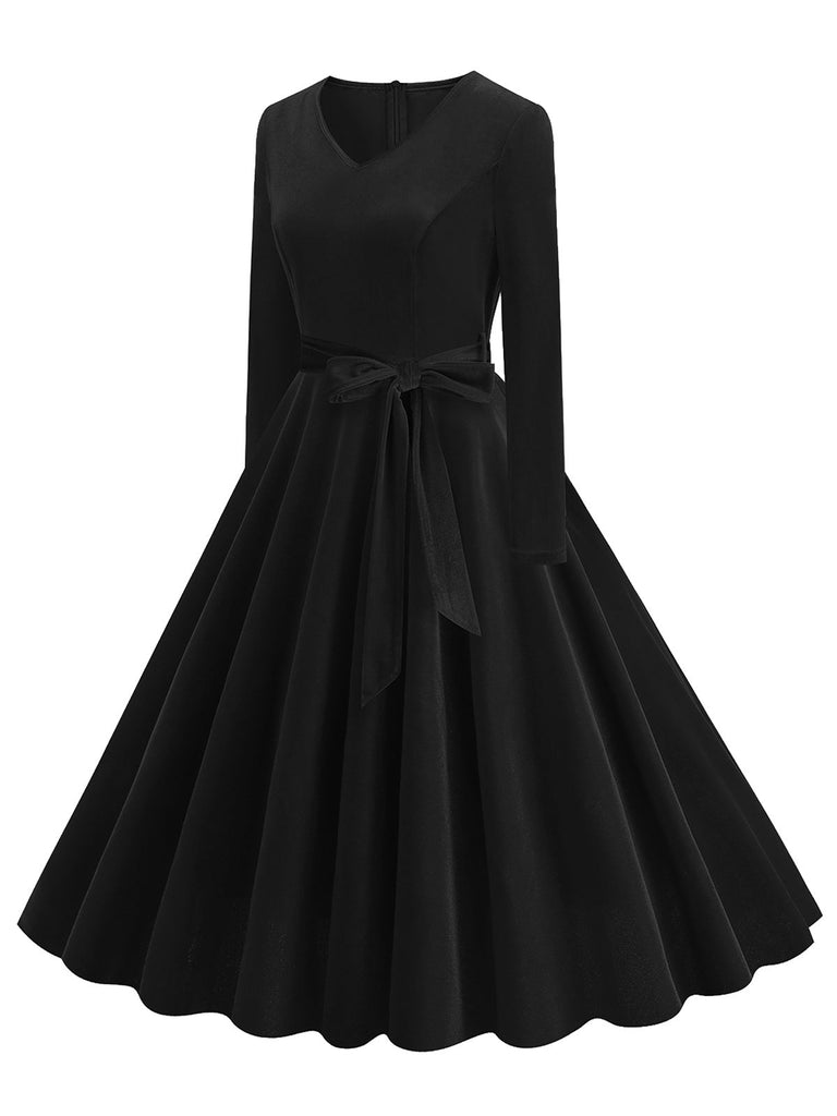 1950er Solide Samt V-Ausschnitt Swing Kleid