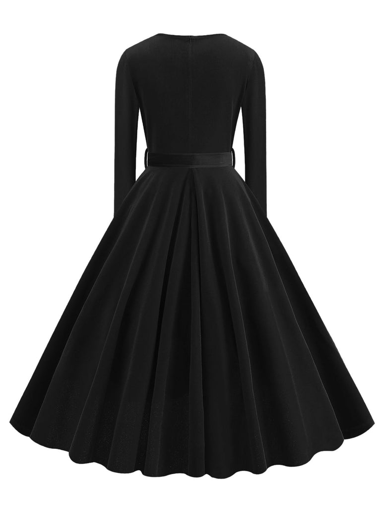 1950er Solide Samt V-Ausschnitt Swing Kleid