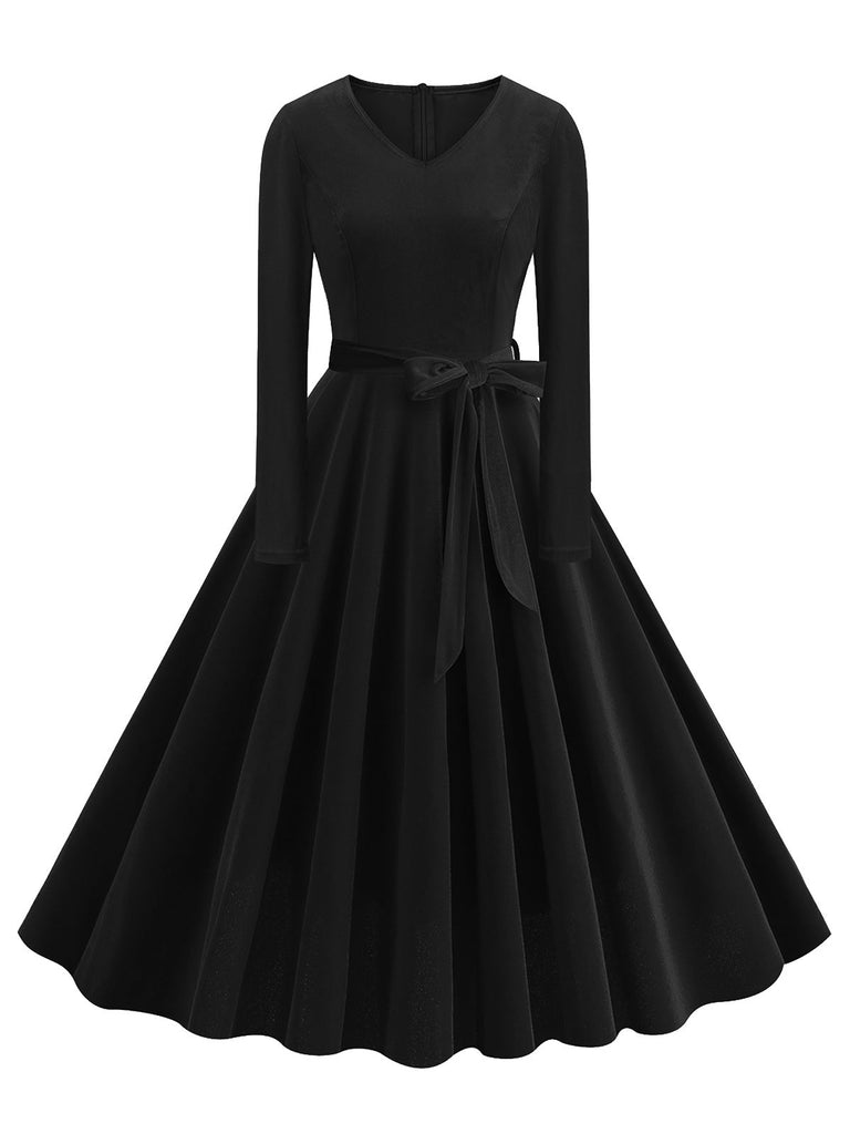 1950er Solide Samt V-Ausschnitt Swing Kleid