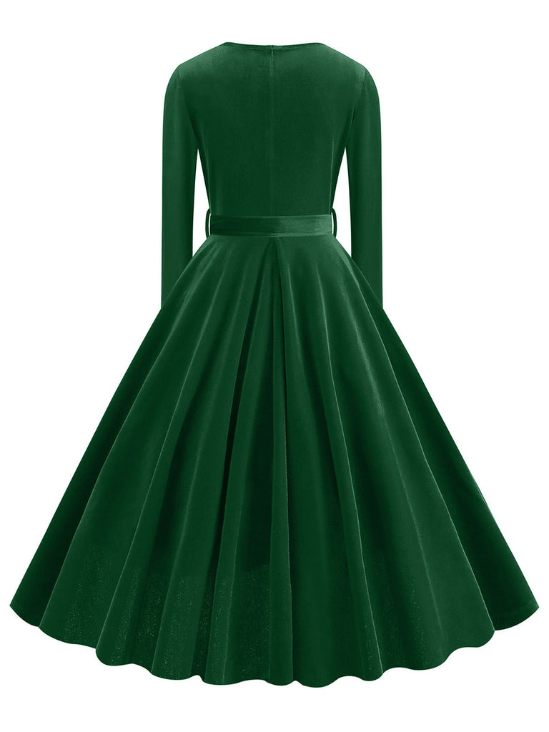 1950er Solide Samt V-Ausschnitt Swing Kleid