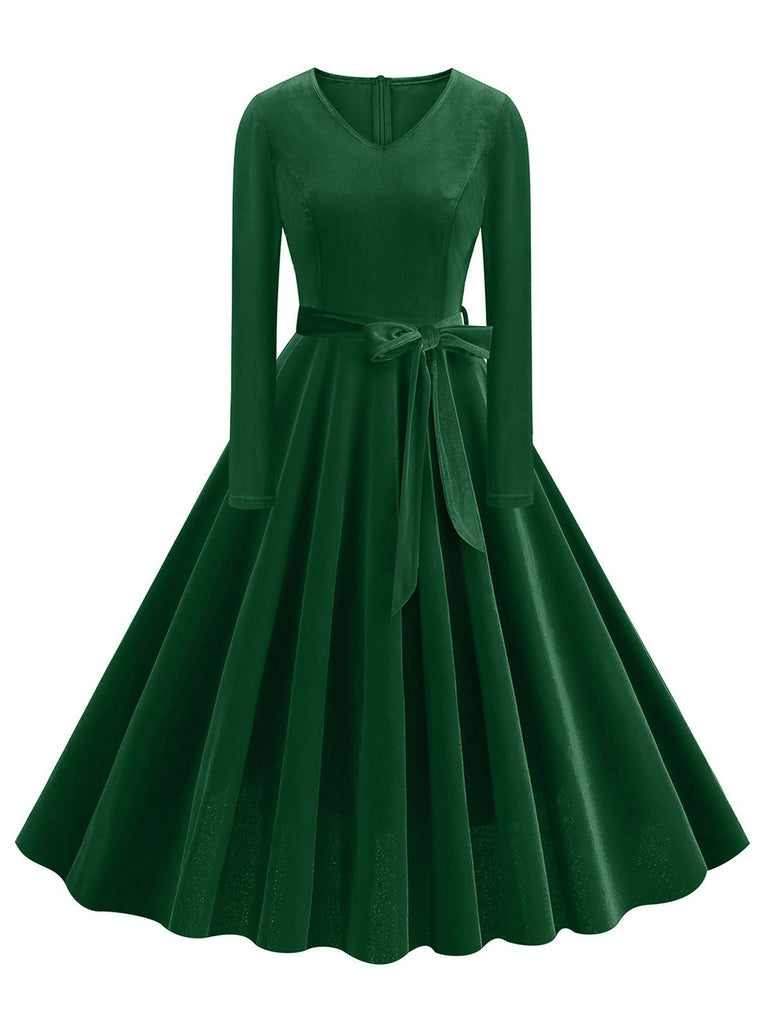 1950er Solide Samt V-Ausschnitt Swing Kleid