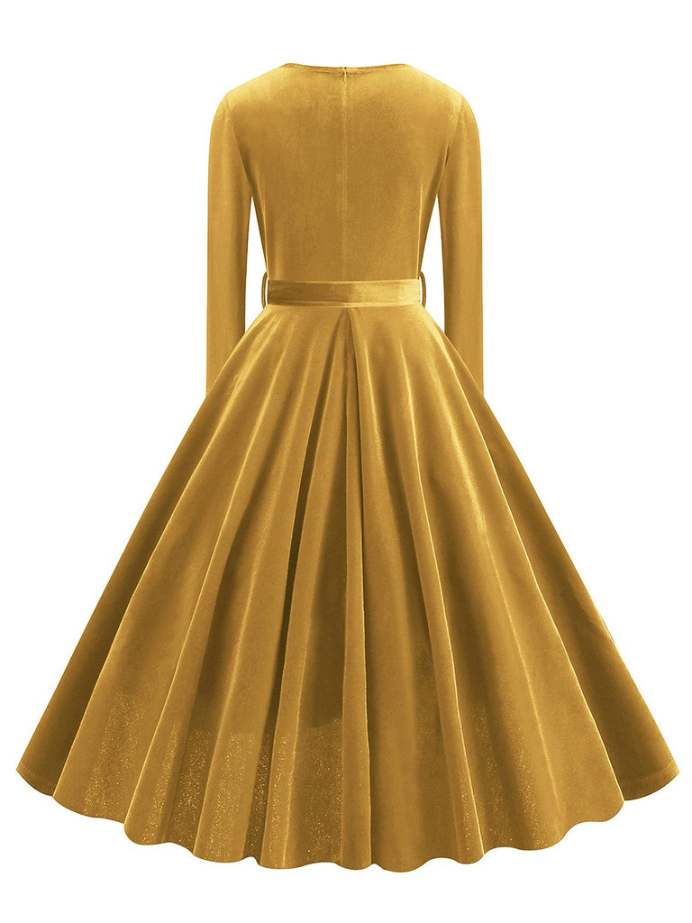 1950er Solide Samt V-Ausschnitt Swing Kleid