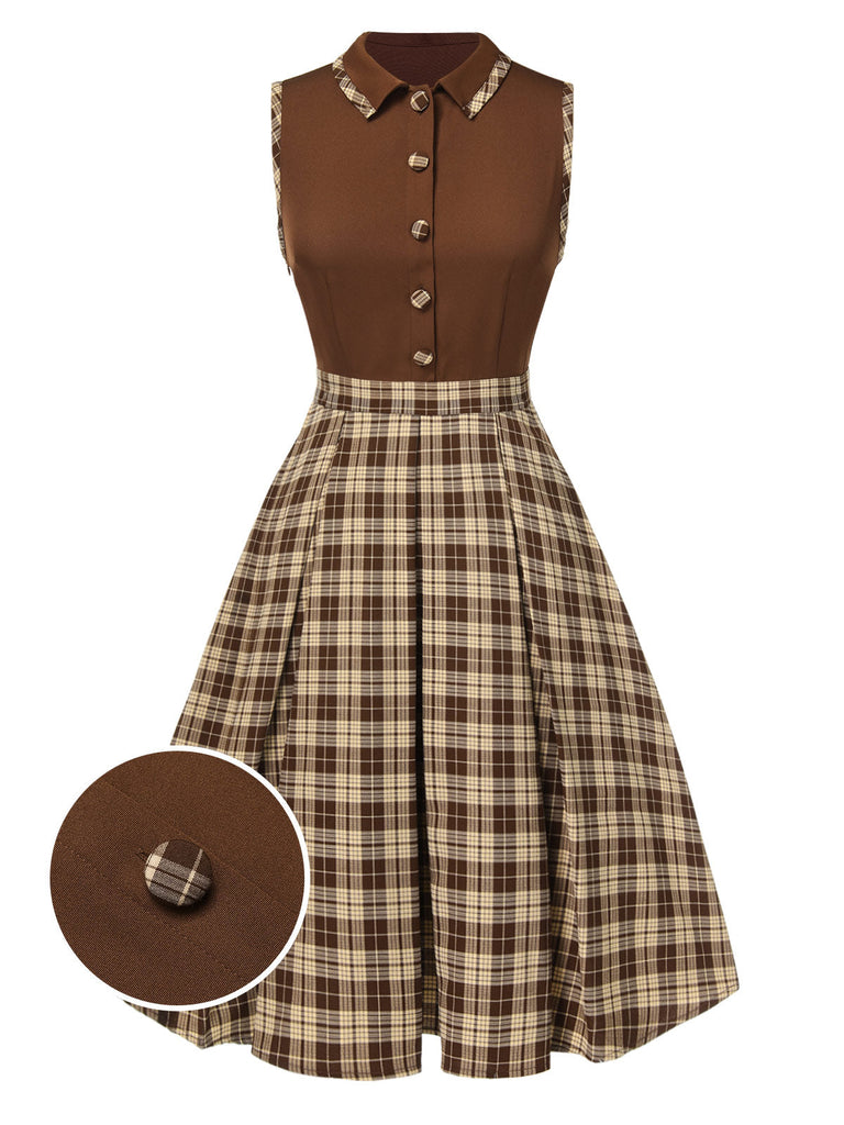 Braun 1950er Plaids Revers Patchwork Kleid