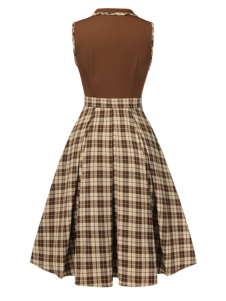 Braun 1950er Plaids Revers Patchwork Kleid