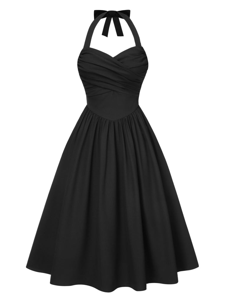 [Vorverkauf] Schwarz 1950er Solide Halter Plissiertes Kleid