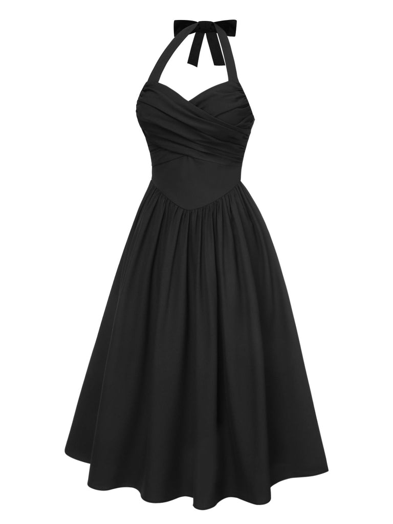 [Vorverkauf] Schwarz 1950er Solide Halter Plissiertes Kleid