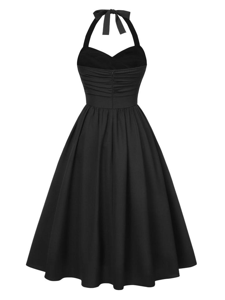 [Vorverkauf] Schwarz 1950er Solide Halter Plissiertes Kleid