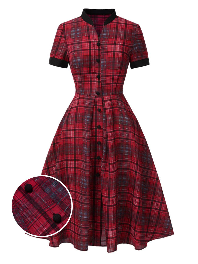 [Vorverkauf] Rot 1950er Stehkragen Plaid Kleid