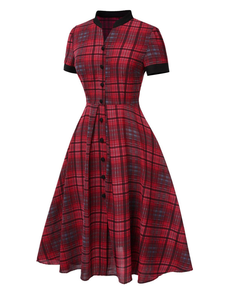 [Vorverkauf] Rot 1950er Stehkragen Plaid Kleid