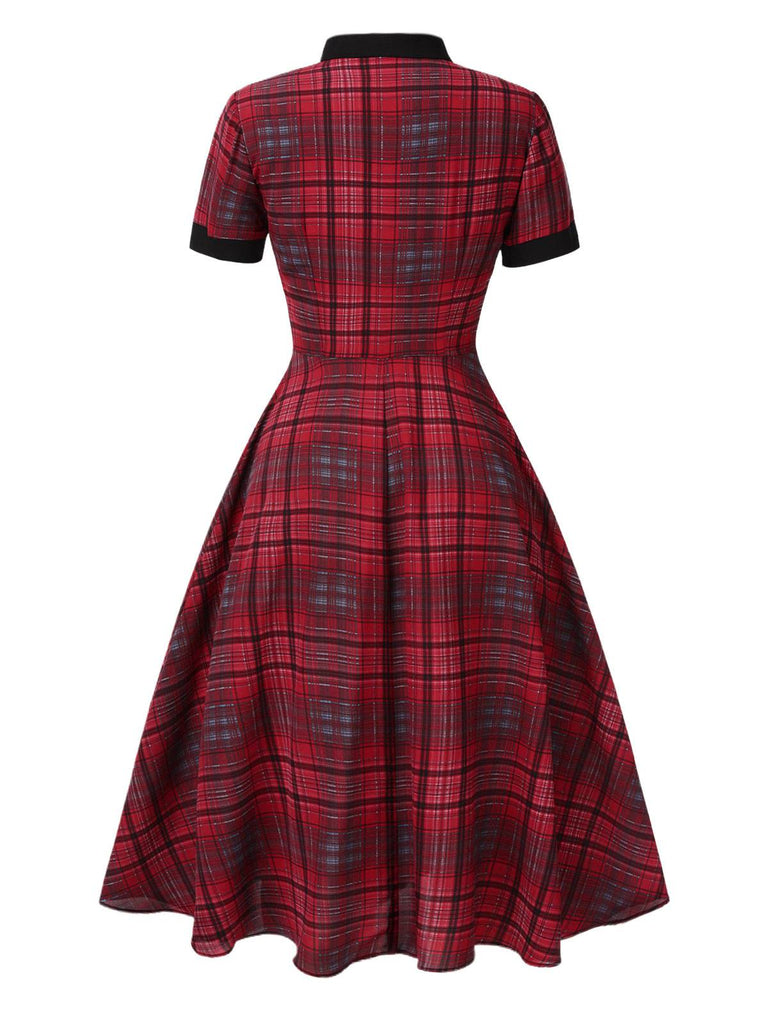 [Vorverkauf] Rot 1950er Stehkragen Plaid Kleid