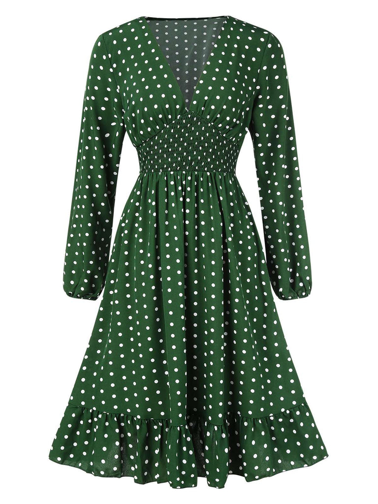 1940er Polka Dot Rüschensaum Lange Ärmel Kleid