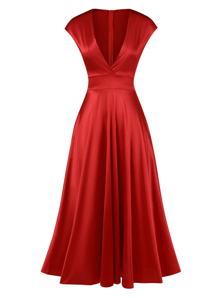 1950er Solide Tiefer V-Ausschnitt Satin Kleid