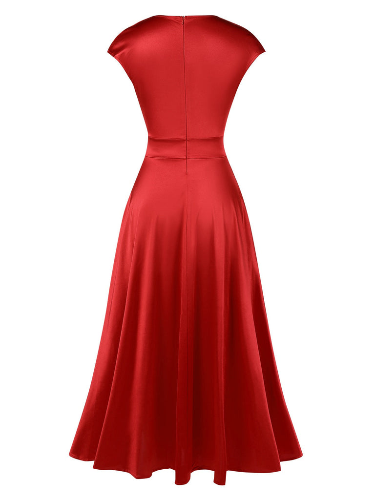 1950er Solide Tiefer V-Ausschnitt Satin Kleid