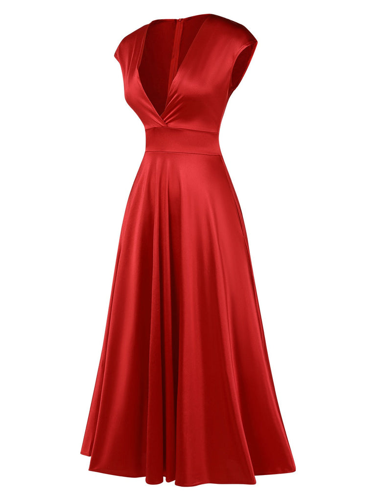 1950er Solide Tiefer V-Ausschnitt Satin Kleid