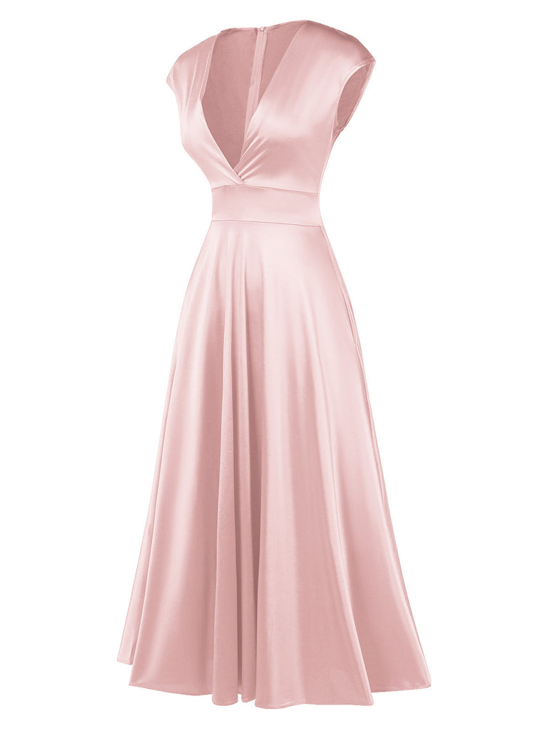 [Vorverkauf] Rosa 1930er Solide Tiefer V-Ausschnitt Satin Kleid