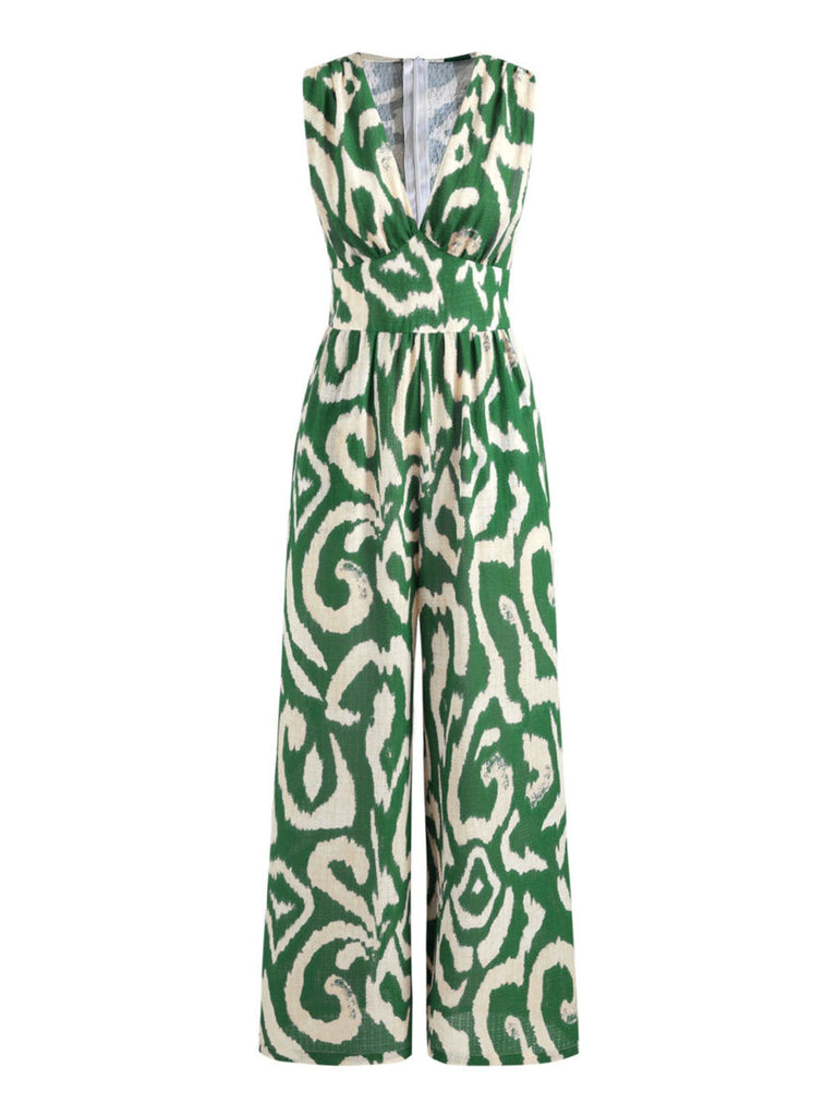 Grün 1960er V-Ausschnitt Geometrische Muster Jumpsuit