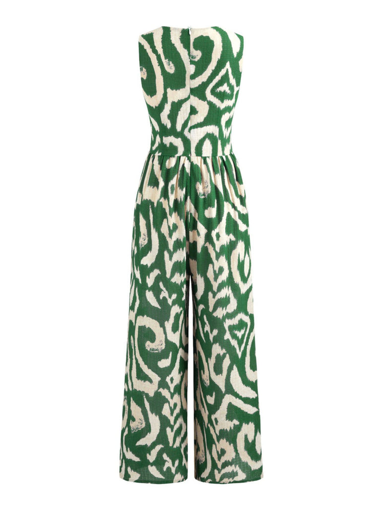 Grün 1960er V-Ausschnitt Geometrische Muster Jumpsuit