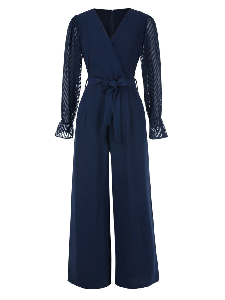 Blau 1960er Kurve Streifen Patchwork Jumpsuit