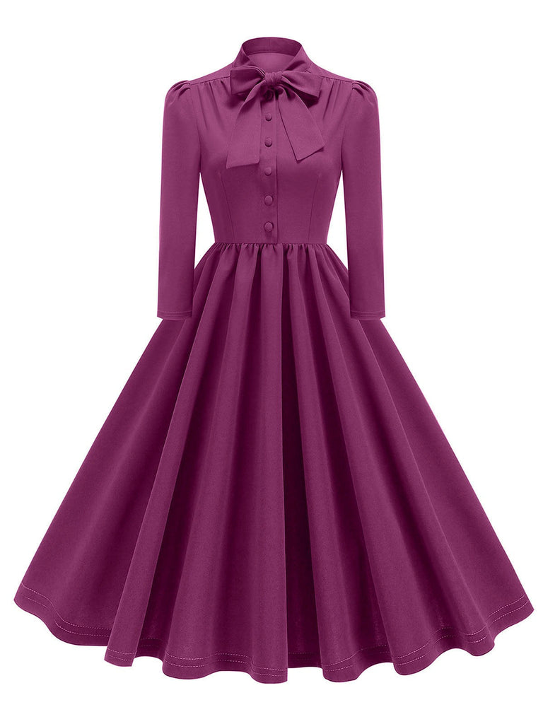 1950er Solide Bogen Knöpfen Swing Kleid