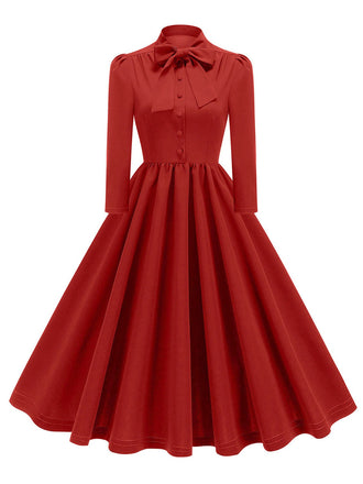 1950er Solide Bogen Knöpfen Swing Kleid