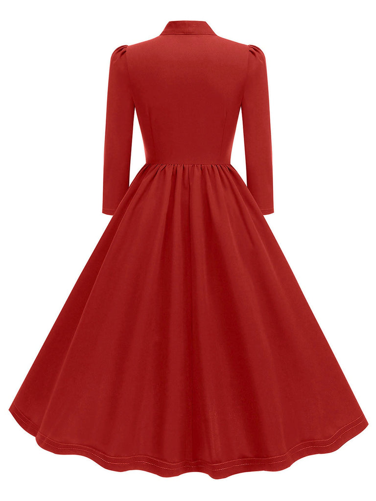 1950er Solide Bogen Knöpfen Swing Kleid