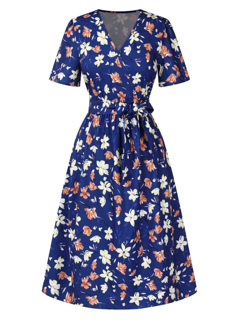 Dunkelblau 1940er V-Ausschnitt Blumen Kleid