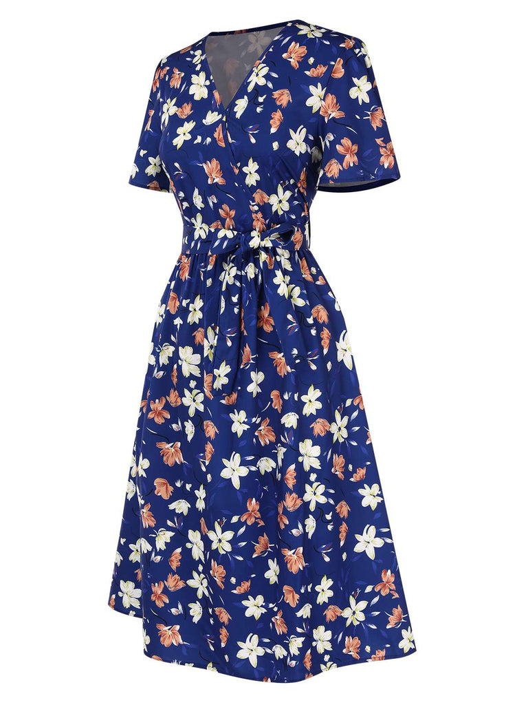 Dunkelblau 1940er V-Ausschnitt Blumen Kleid