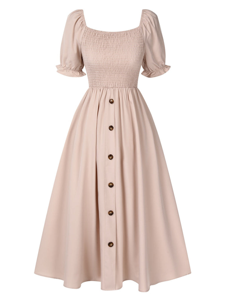 Beige 1940er Quadratischer Hals Puffärmel Geknöpft Kleid