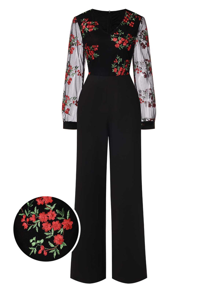 Schwarz 1970er Bestickt Blumen Jumpsuit