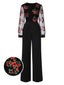 Schwarz 1970er Bestickt Blumen Jumpsuit