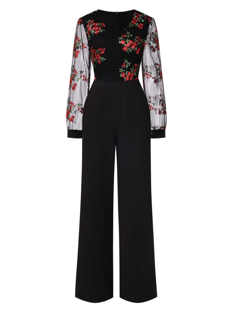 Schwarz 1970er Bestickt Blumen Jumpsuit