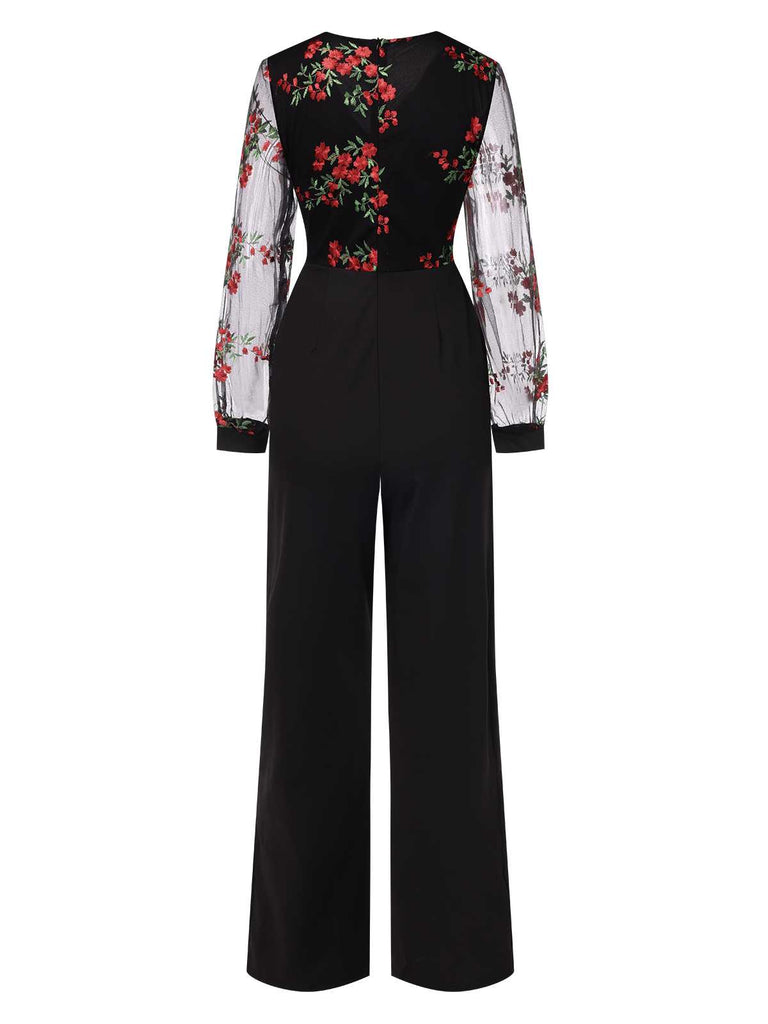 Schwarz 1970er Bestickt Blumen Jumpsuit