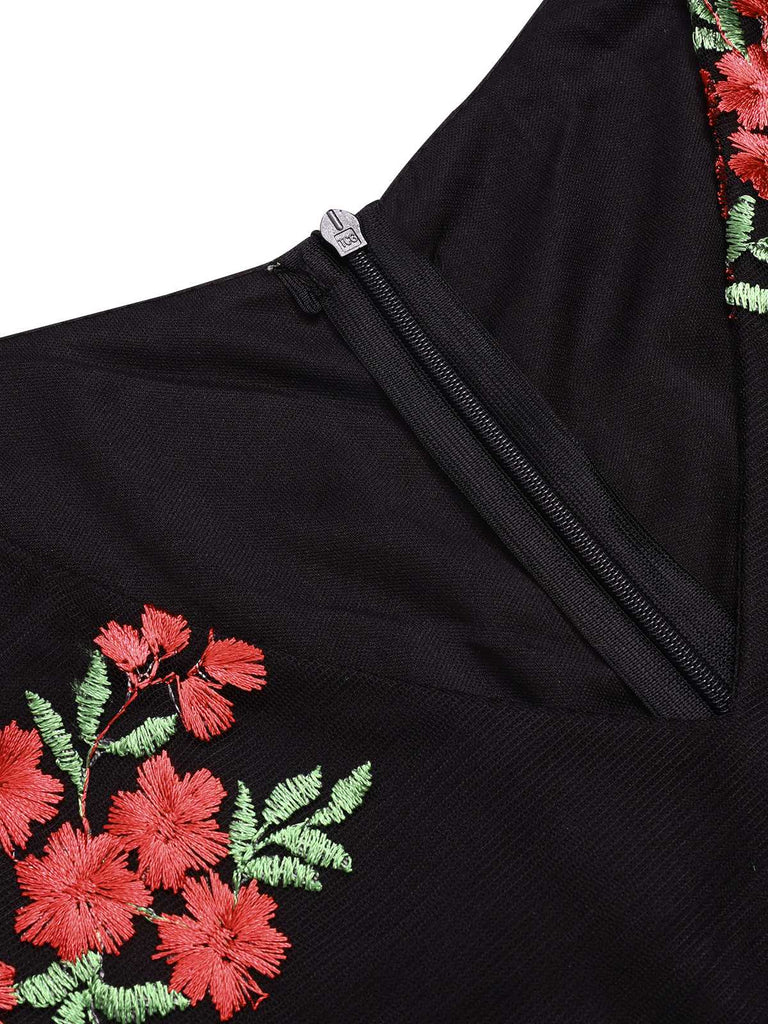 Schwarz 1970er Bestickt Blumen Jumpsuit