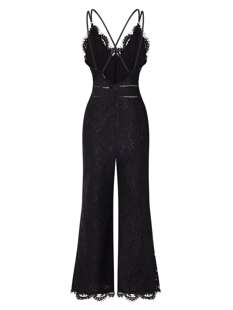 Schwarz 1970er Spitzen V-Ausschnitt Spaghetti Träger Jumpsuit