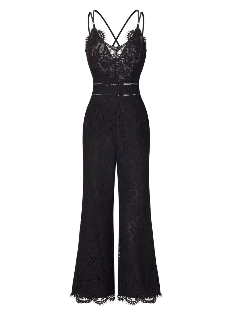 Schwarz 1970er Spitzen V-Ausschnitt Spaghetti Träger Jumpsuit