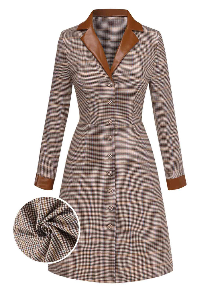 [Vorverkauf] Braun 1940er Glen Check Revers Geknöpft Kleid