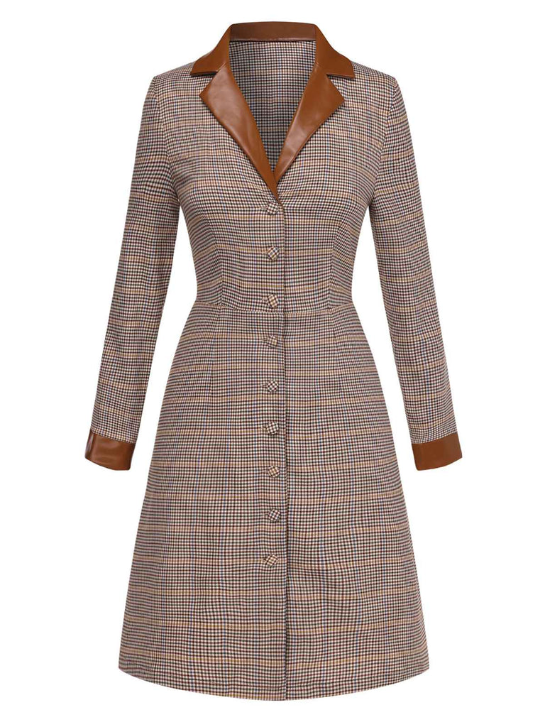 [Vorverkauf] Braun 1940er Glen Check Revers Geknöpft Kleid