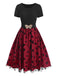 Rot 1950er Schmetterling Besticktes Masche Patchwork Kleid