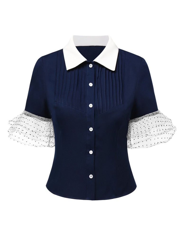 [Vorverkauf] 2PCS Blau 1930er Dots Revers Bluse & Gürtel Meerjungfrauen Rock