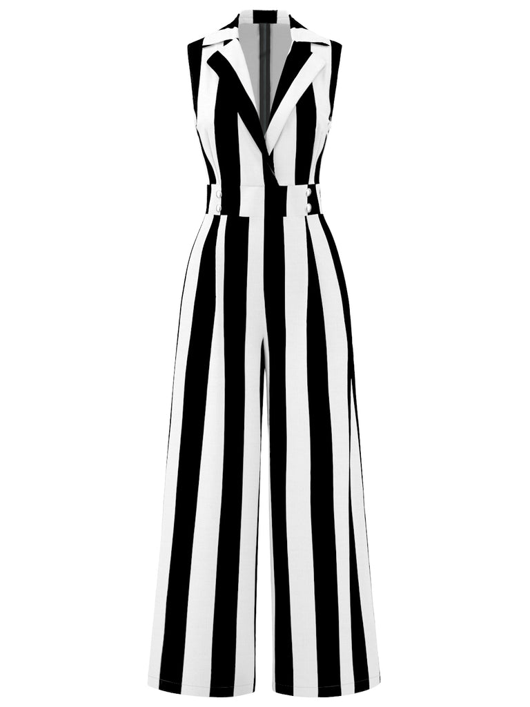 Beetlejuice 1930er V-Ausschnitt Schwarz & Weiß Vertikal Streifen Jumpsuit