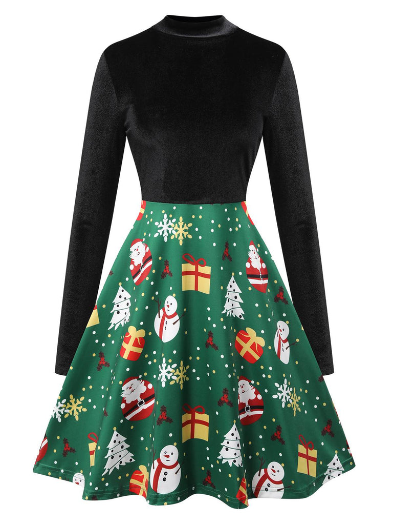 Schwarz 1950er Weihnachten Stehkragen Samt Kleid