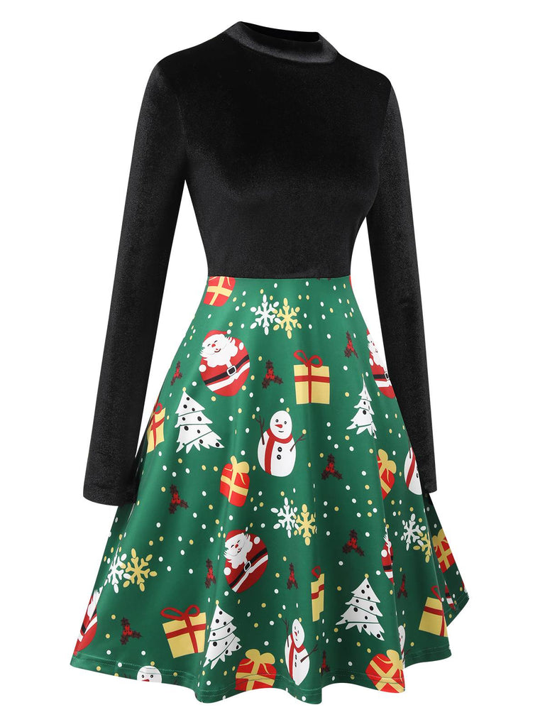 Schwarz 1950er Weihnachten Stehkragen Samt Kleid