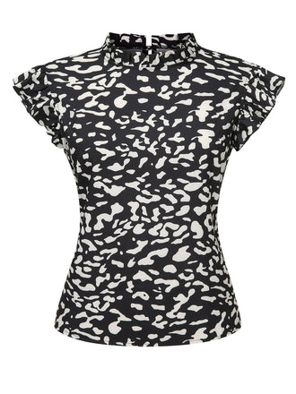 Schwarz 1950er Leopard Rüschen Bluse