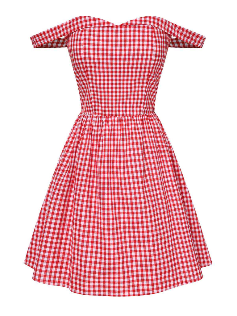 Rot 1950er Plaid Schulterfrei Swing Kleid