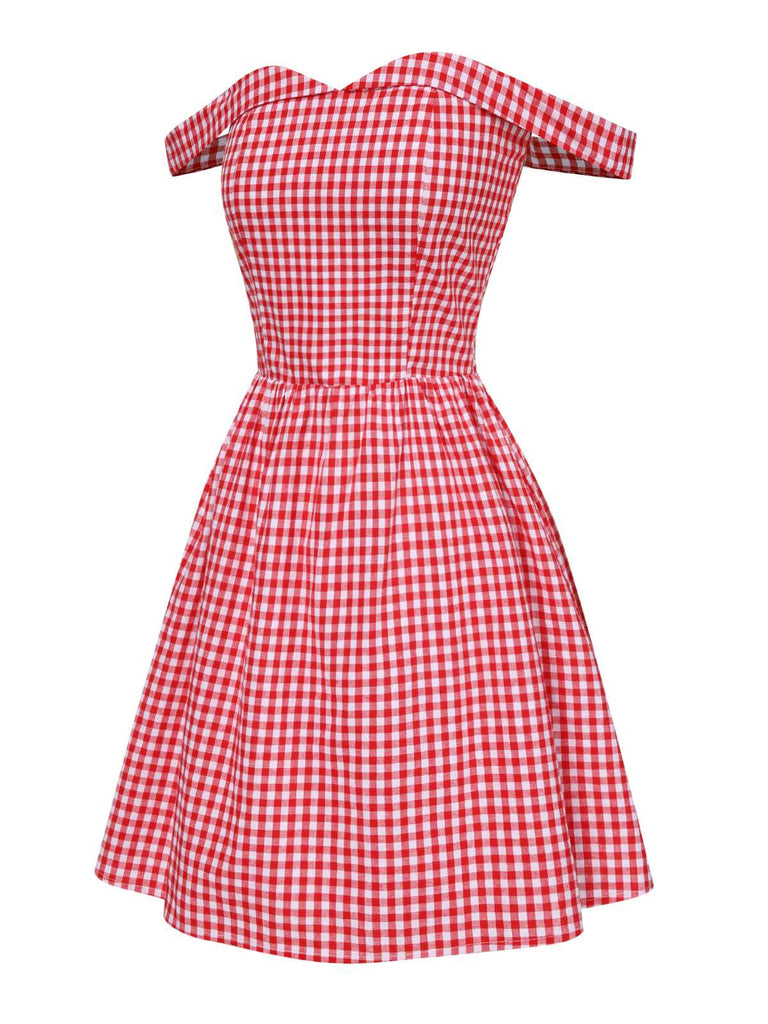 Rot 1950er Plaid Schulterfrei Swing Kleid